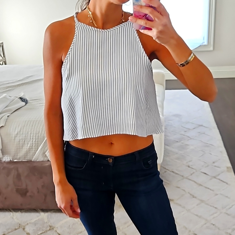 BRAND NEW WOMEN'S ZARA BLUE & WHITE PINSTRIPE CROP TOP HALTER SHIRT BLOUSE SZ S